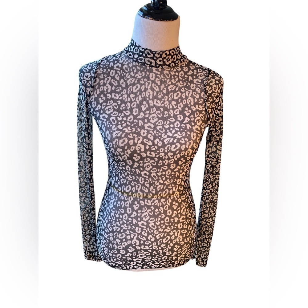 Antistar Sheer Leopard Print Black and White Top with Mockneck, Long Sleeve Sz S